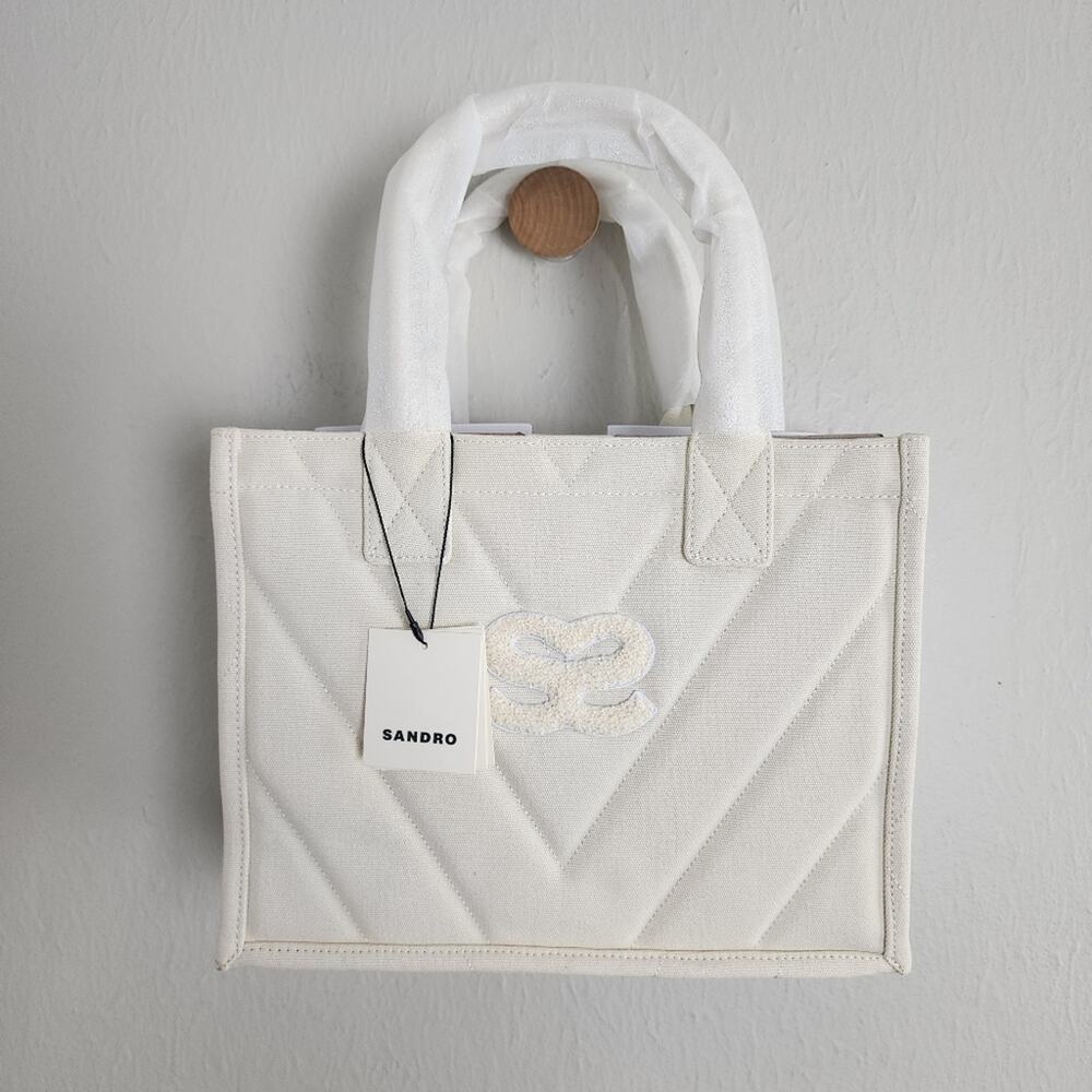 NWT Sandro Kasbah Quilted Monogram Canvas Tote Bag Ecru Cream Handbag